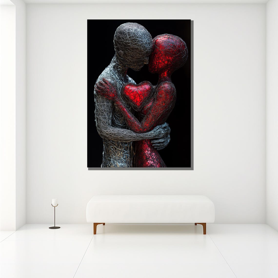 Abstract Wire Sculpture Couple Embrace Glowing Red Heart Wall Poster - Image 2