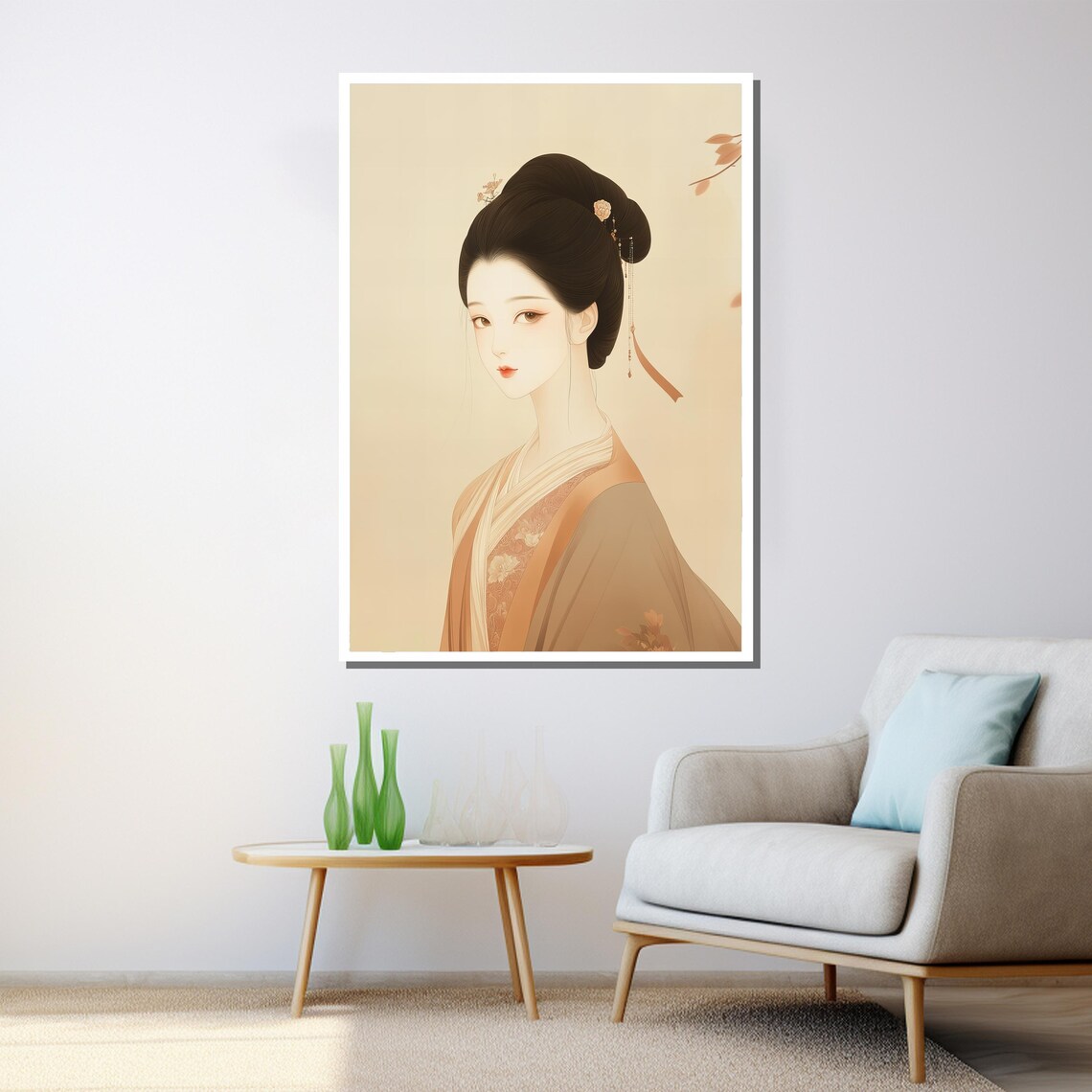 Minimalist Japanese Woman Portrait Soft Beige Kimono Elegant Wall Art - Image 3
