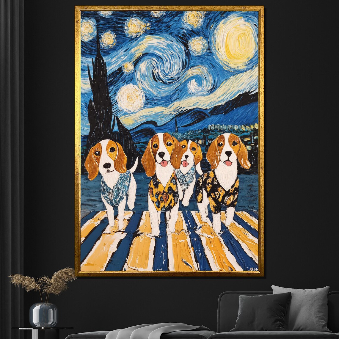 Beagle Puppies Starry Night Inspired Painting Colorful Dog Poster
