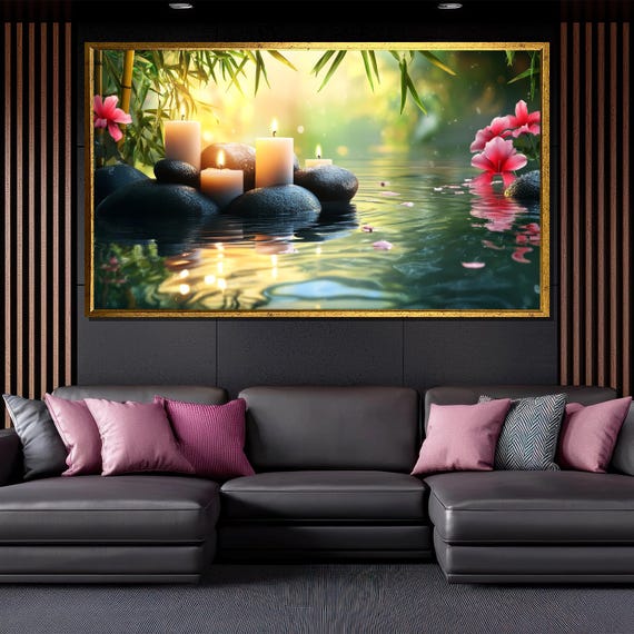 Zen Candle And Bamboo Painting Relaxing Spa Wall Art For Home Decor Peaceful Gift Idea