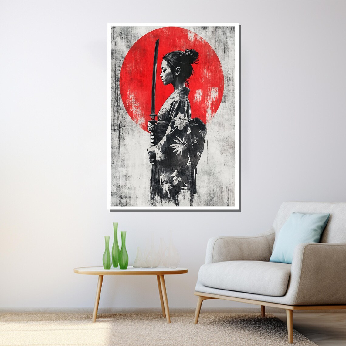 Samurai Woman Katana Red Sun Japanese Ink Painting Warrior Wall Art - Image 3