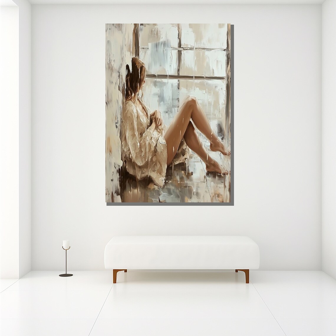 Woman By Window Impasto Painting Serene Neutral Minimalist Canvas Wall Art - Image 2