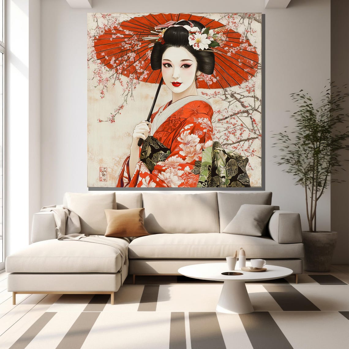 Traditional Geisha Red Umbrella Cherry Blossom Floral Kimono Wall Art - Image 2