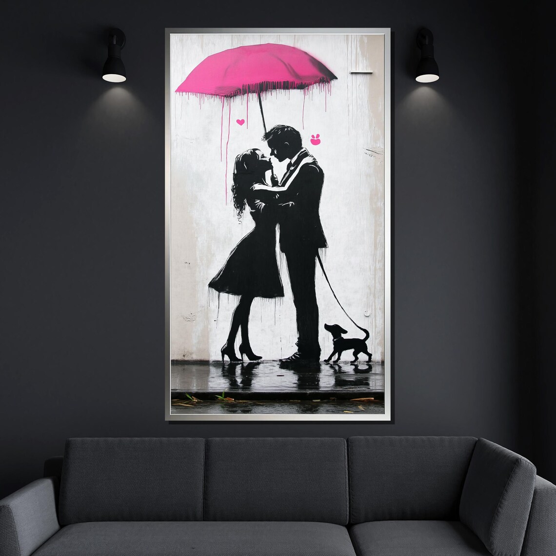 Couple Kissing Under Pink Umbrella Street Art Silhouette Wall Poster - Image 4