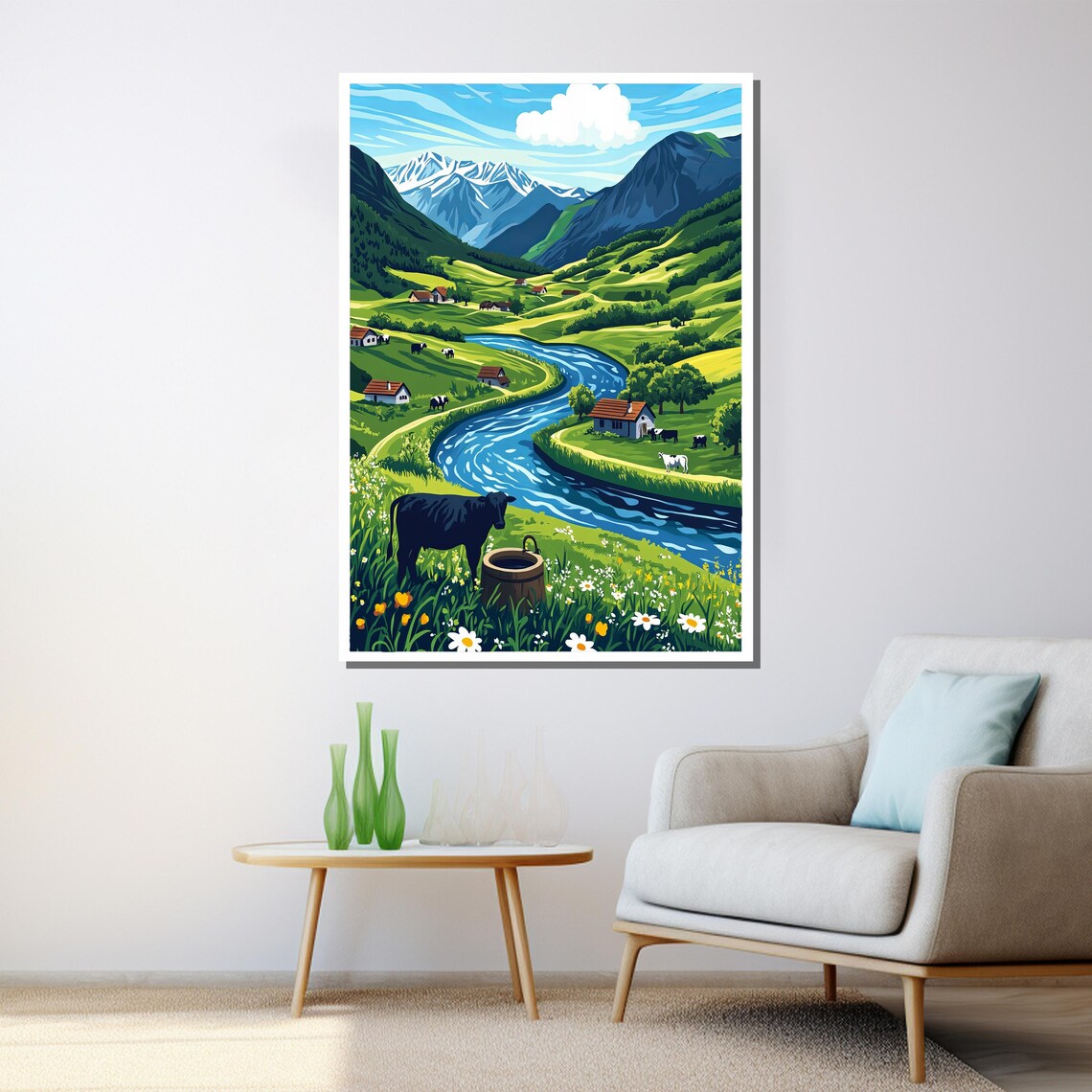 Alpine Valley River Farmhouses Cows Snowy Peaks Colorful Poster - Image 3