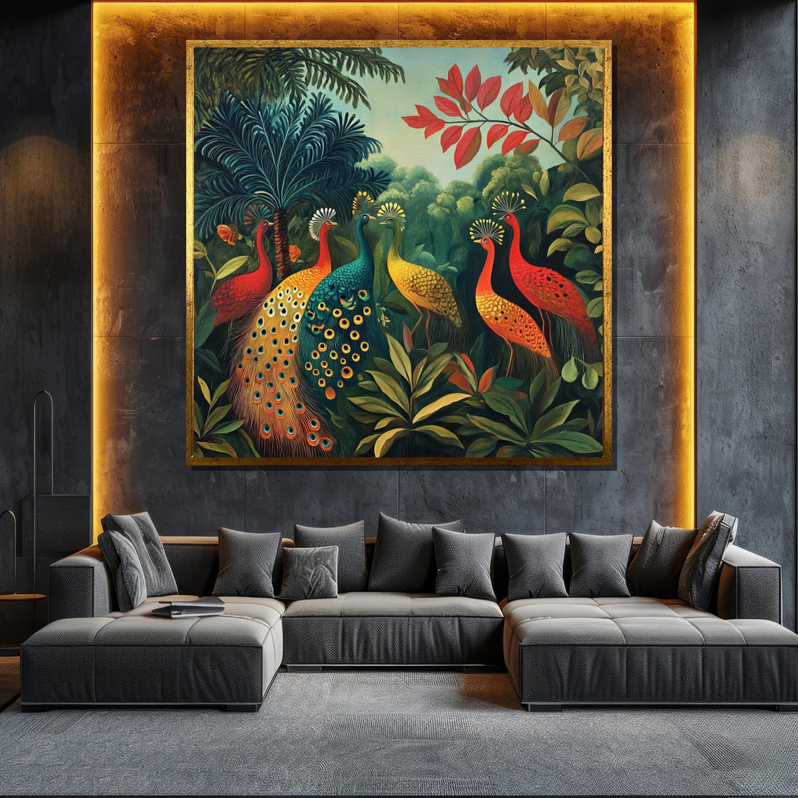 Peacocks Jungle Colorful Crested Birds Tropical Foliage Wall Art