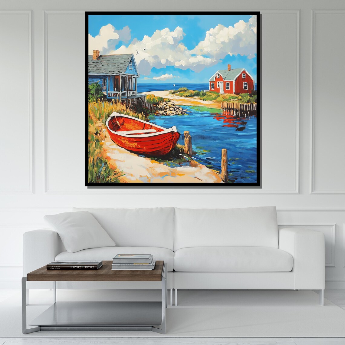 Rustic Coastal Painting Red Boat And Seaside Cottages Wall Art Nautical Landscape Gift For Home Decor - Image 5