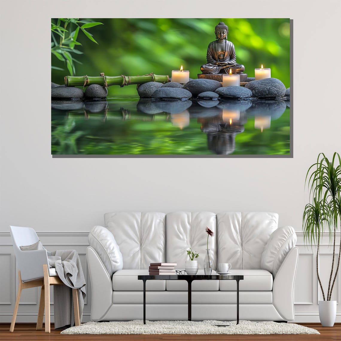 Buddha Statue Candles Zen Stones Water Reflection Bamboo Garden Poster - Image 2