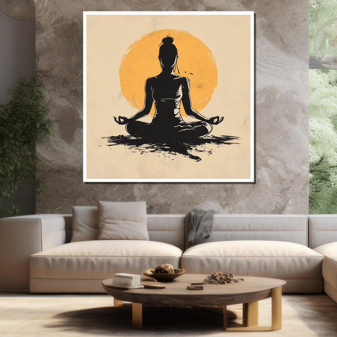 Woman Meditating Yoga Pose Silhouette With Orange Sun Wall Poster - Image 3
