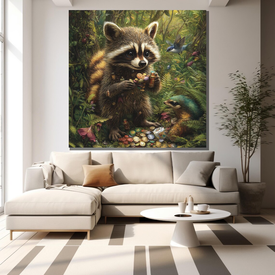 Cute Baby Raccoon Collecting Bottle Caps Forest Birds Wildlife Poster - Image 2