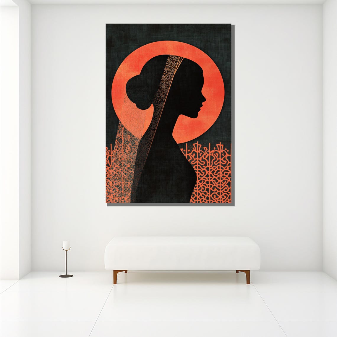 Woman Silhouette Red Sun Oriental Lace Pattern Modern Art Wall Poster - Image 2