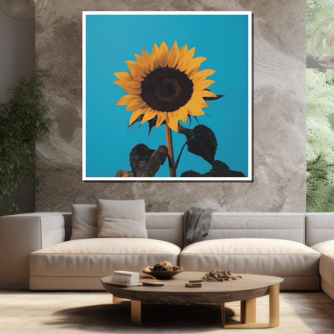 Sunflower Against Bright Turquoise Blue Background Modern Art Poster - Image 3