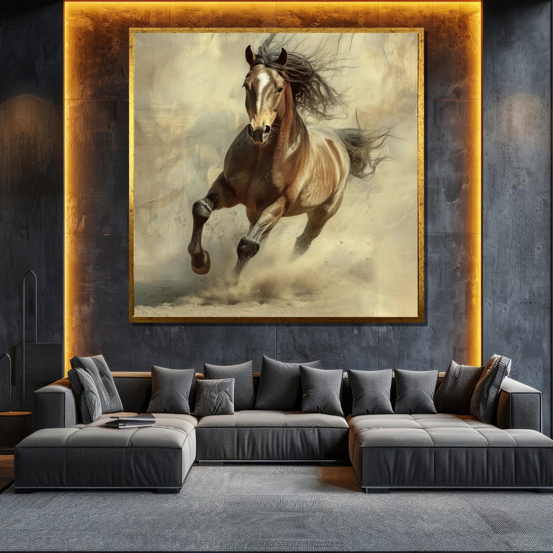 Brown Horse Galloping Dust Elegant Wild Stallion Speed Wall Art