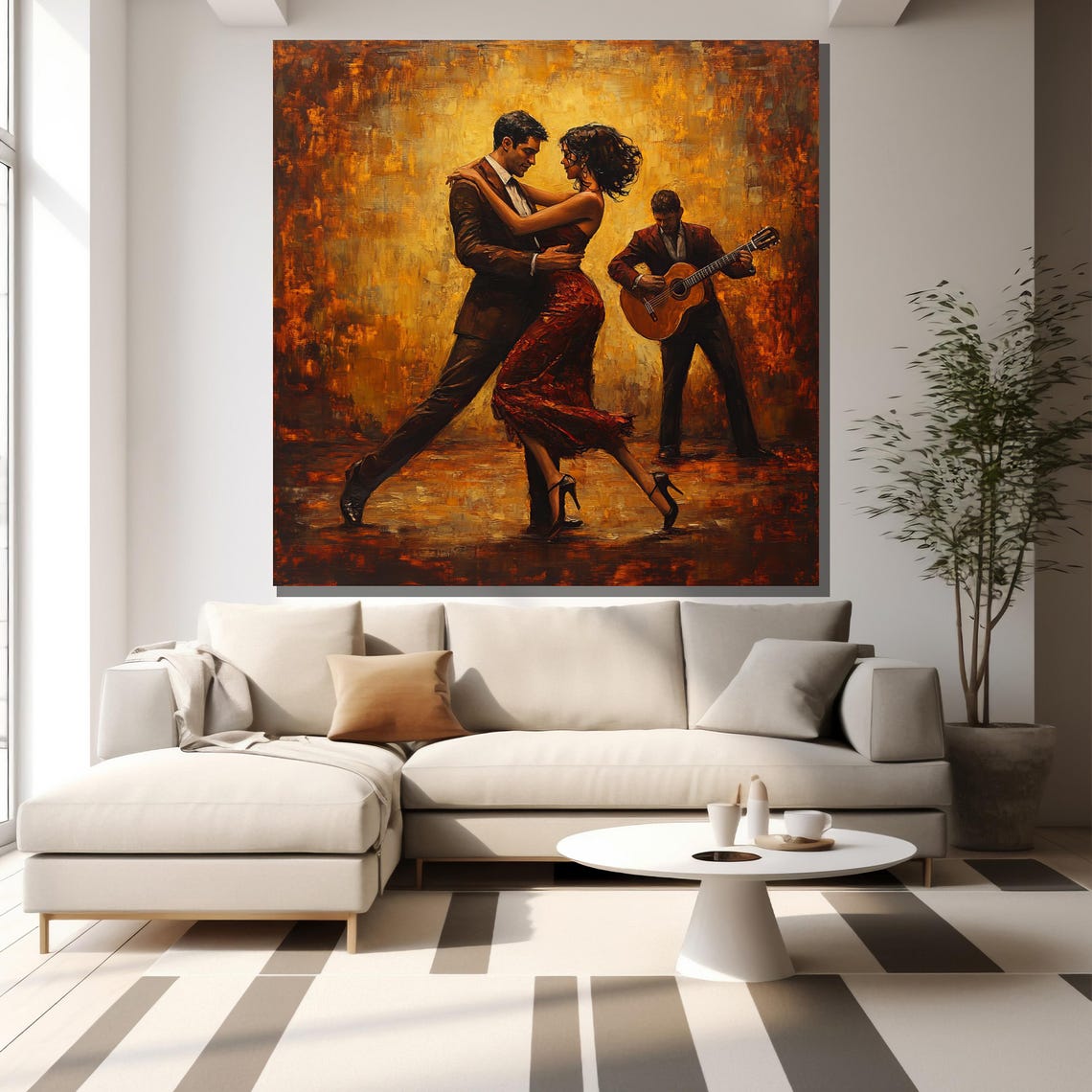 Tango Dancers With Guitarist Golden Textured Romantic Painting Poster - Image 2