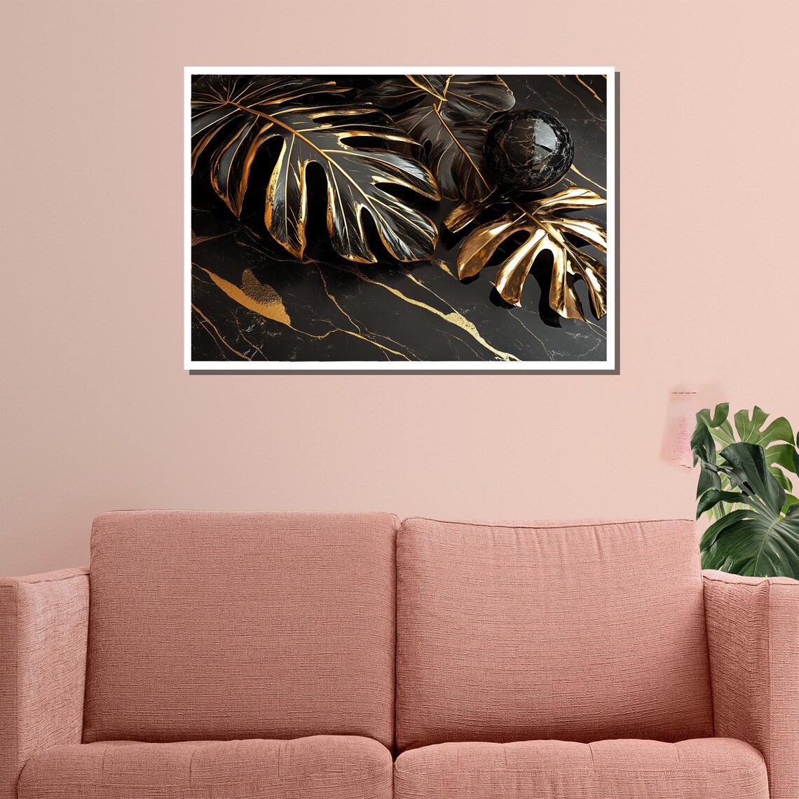 Black And Gold Monstera Leaves On Marble Luxury Abstract Art Poster - Image 3