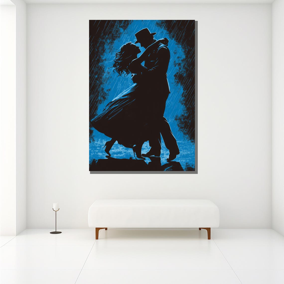 Romantic Couple Dancing In Blue Rain Night Silhouette Painting Poster - Image 2