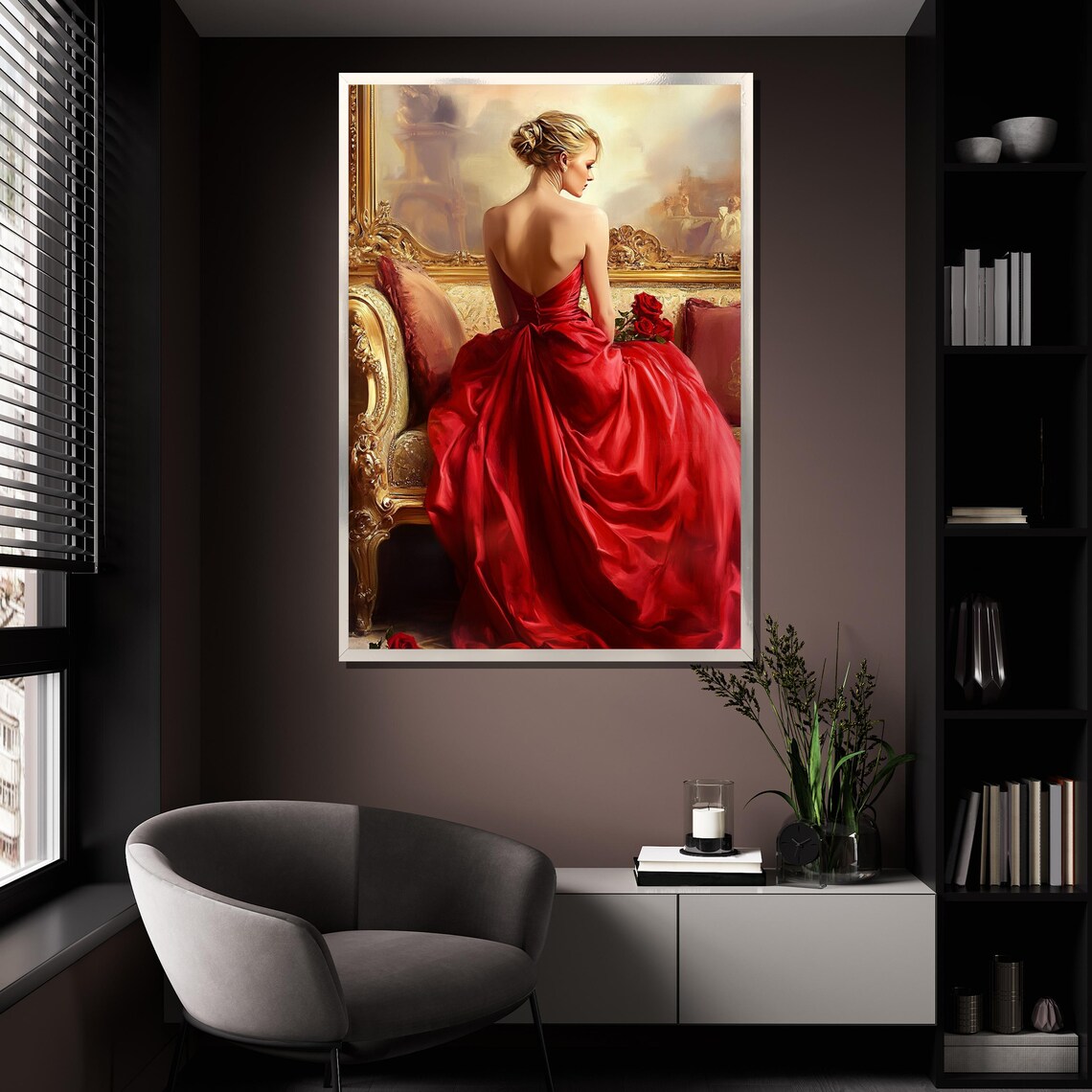 Red Gown Roses Woman Gilded Chair Classic Romantic Oil Painting Poster - Image 4