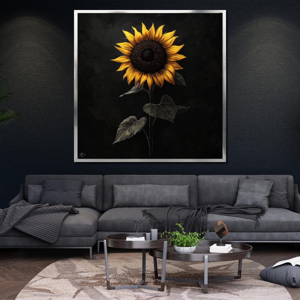 Tall Sunflower On Black Background Dramatic Modern Floral Art Print - Image 4