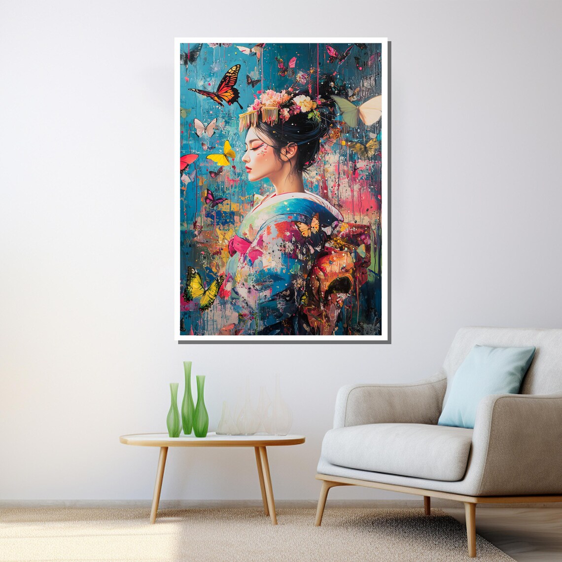 Japanese Geisha With Butterflies Colorful Textured Portrait Poster - Image 3