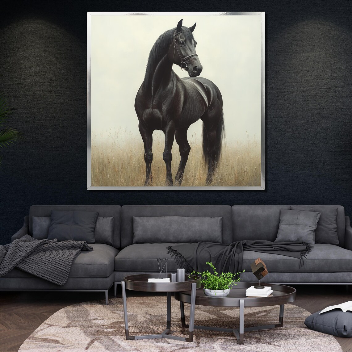 Majestic Black Horse Misty Golden Field Elegant Equine Art Poster - Image 4