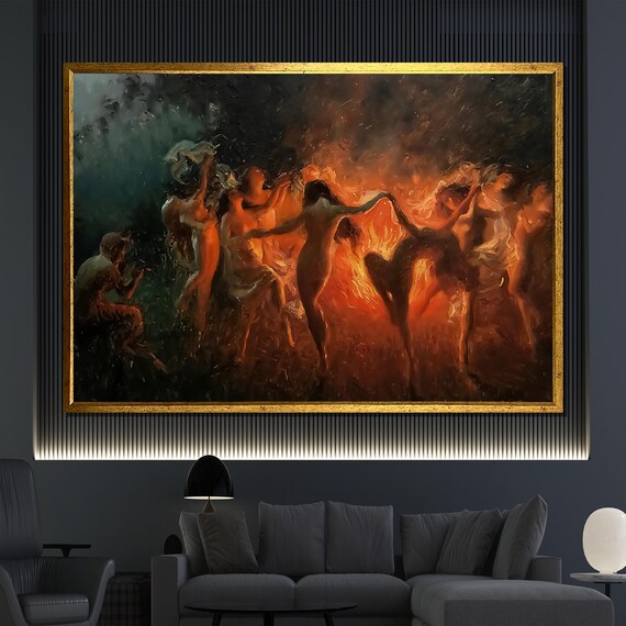 Fire Dance Night Painting Women Dancing Around Bonfire Flames Poster