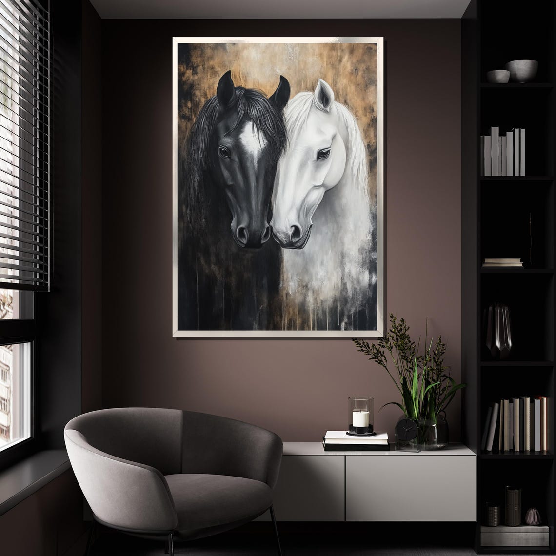 Black White Horses Nuzzling Elegant Equine Couple Portrait Wall Art - Image 4
