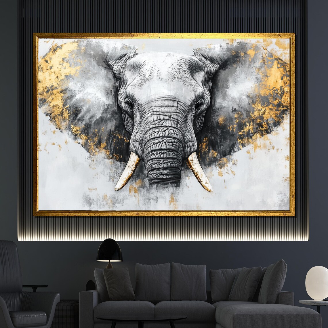 Elephant Head Gold Leaf Painting Gray White Modern Wildlife Animal Wall Art Poster