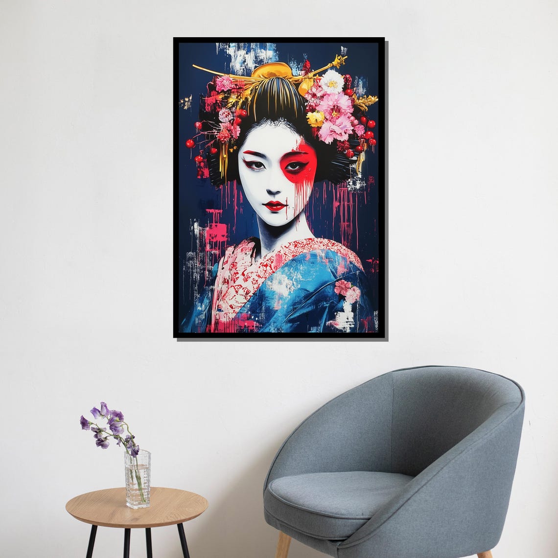Abstract Geisha Graffiti Art Blue Kimono Red Paint Japanese Wall Art - Image 5