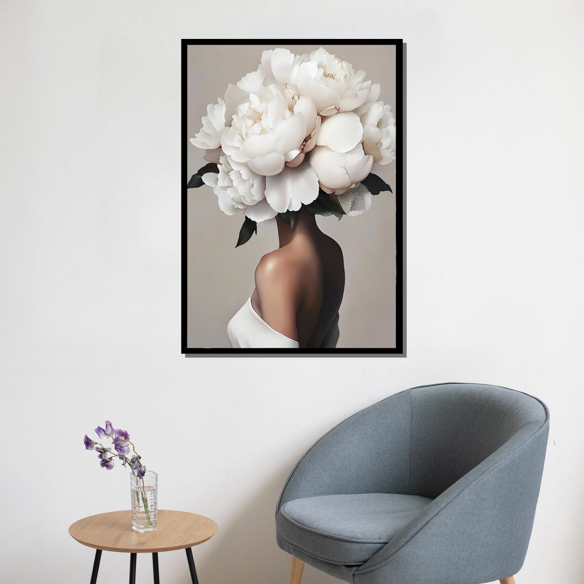 White Peony Flower Head Surreal Woman Back View Elegant Wall Art Print - Image 5