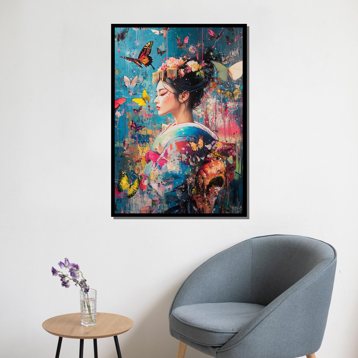 Japanese Geisha With Butterflies Colorful Textured Portrait Poster - Image 5