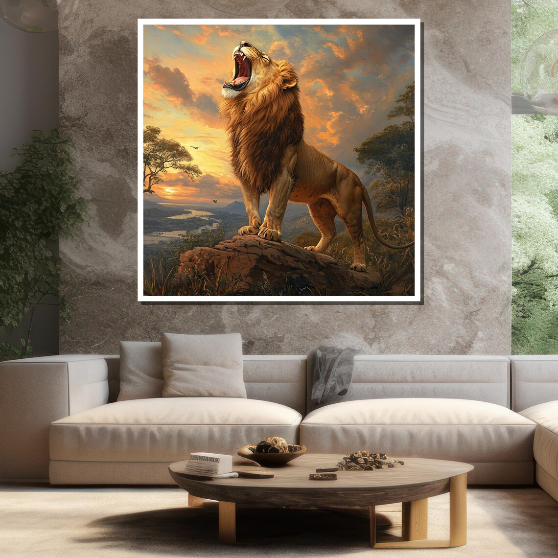 Roaring Lion On Rock Sunset Savanna Majestic Wildlife Poster - Image 3