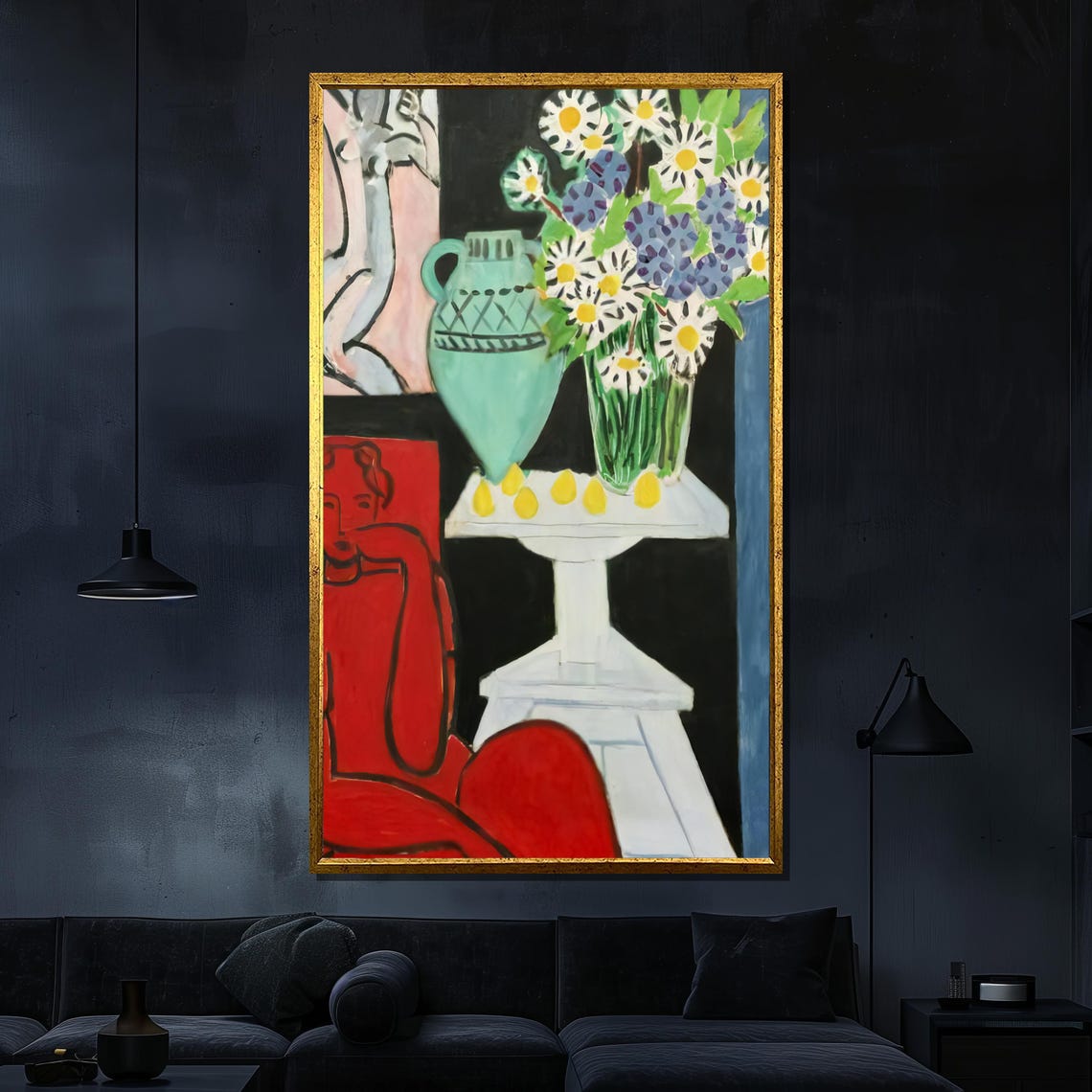 Henri Matisse Style Still Life Daisies Green Vase Red Figure Poster