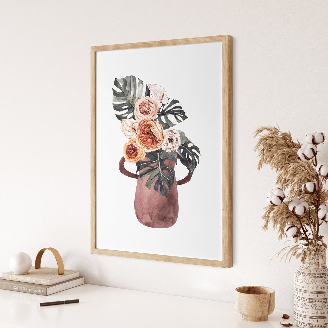 Watercolor Blush Roses And Monstera In Terracotta Vase Poster - Image 3