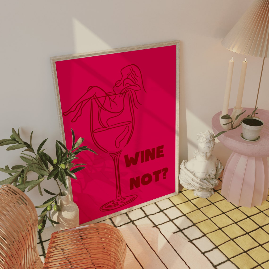 Wine Not Hot Pink Giant Wine Glass Line Art Funny Kitchen Poster - Image 5