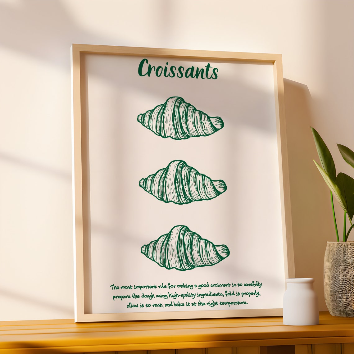 Croissants Green Line Art Kitchen Bakery Trendy French Food Poster