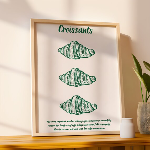 Croissants Green Line Art Kitchen Bakery Trendy French Food Poster