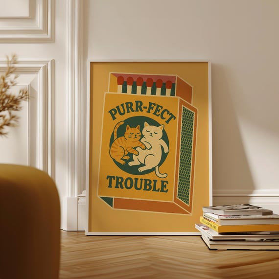 Purrfect Trouble Cat Print Retro Matchbox Wall Art Funny Poster