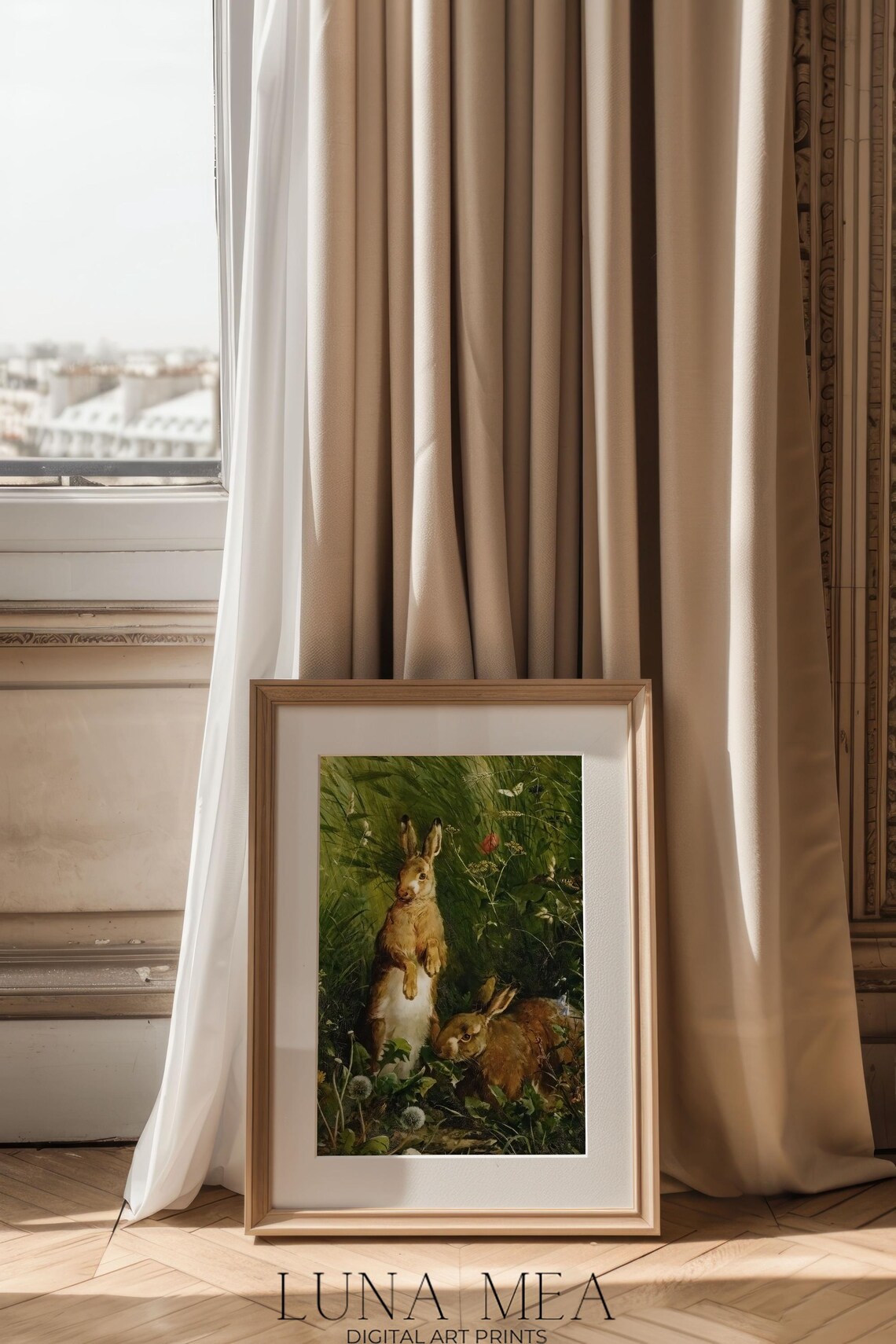 Vintage Hares In Tall Grass Botanical Wildlife Painting Rabbit Pair Art Poster - Image 2