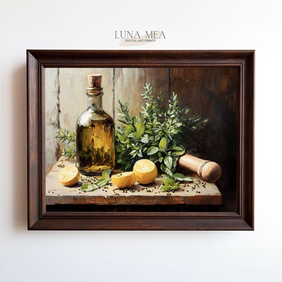 Rustic Farmhouse Wall Art Vintage Kitchen Oil Painting Print Lemons And Herbs Still Life Moody Artwork Country Cottagecore Wall Decor