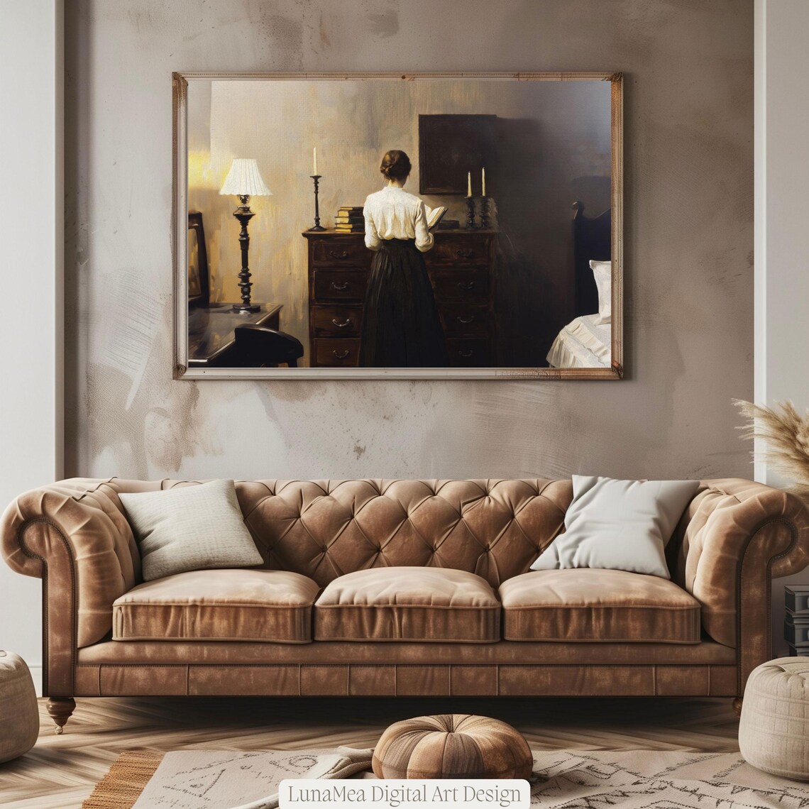 Victorian Woman Reading in Vintage Bedroom Candlelit Moody Interior Wall Art - Image 3