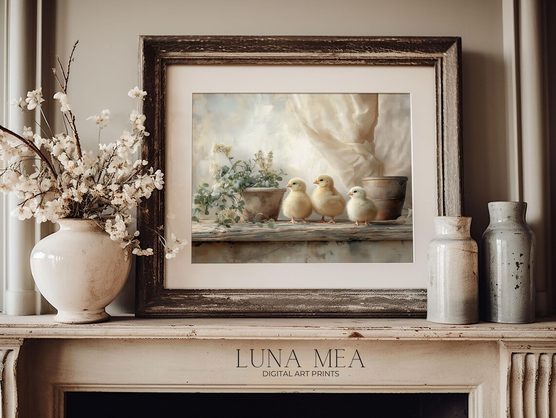 Three Fluffy Baby Chicks On Windowsill Vintage Spring Nursery Animal Art Poster - Image 2