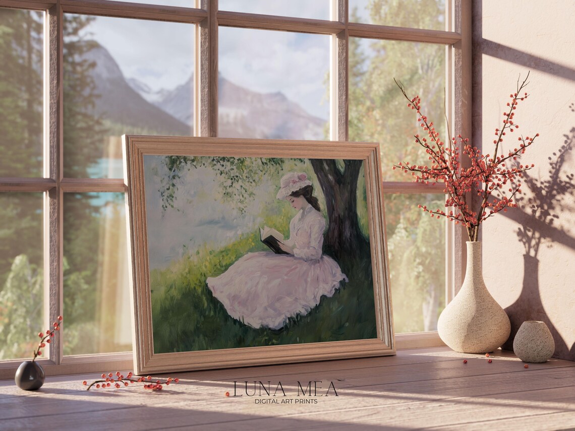 Light Academia Woman Reading Under Tree Vintage Impressionist Book Lover Poster - Image 2