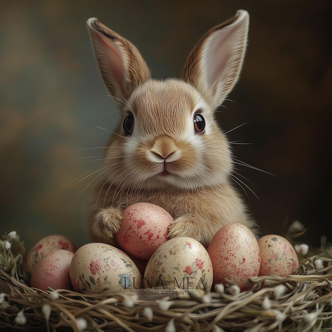 Vintage Easter Bunny With Nest Of Speckled Eggs Floral Spring Art Poster - Image 3