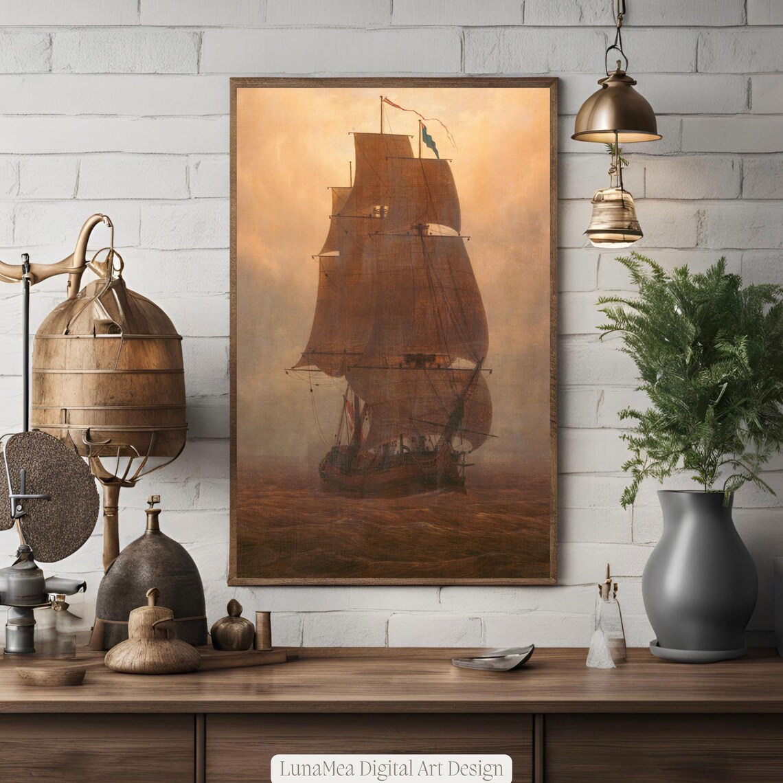 Vintage Tall Ship Full Sails Golden Sunset Maritime Oil Painting Wall Art - Image 2