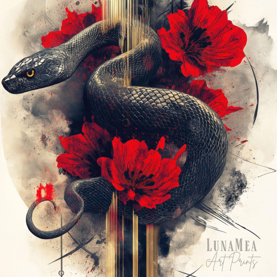 Black Snake Coiled Among Red Poppies Abstract Zodiac Floral Wall Art - Image 3