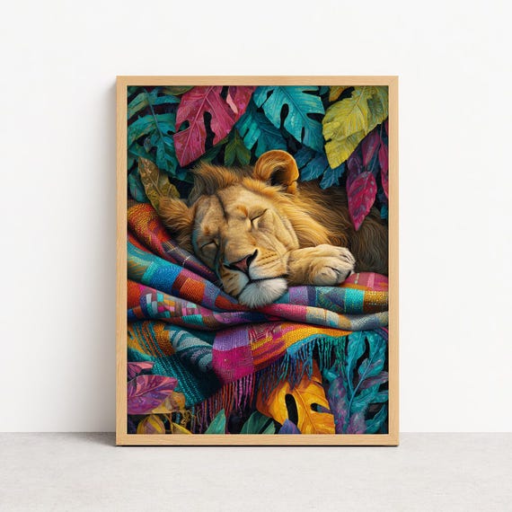 Sleeping Lion Wall Art Jungle Safari Animal Poster Cozy Bedroom Decor Boho Nursery