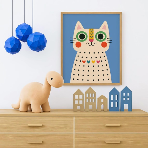 Cute Cat Wall Art Colorful Poster Nursery Animal Print Choose Your Background Color Instant