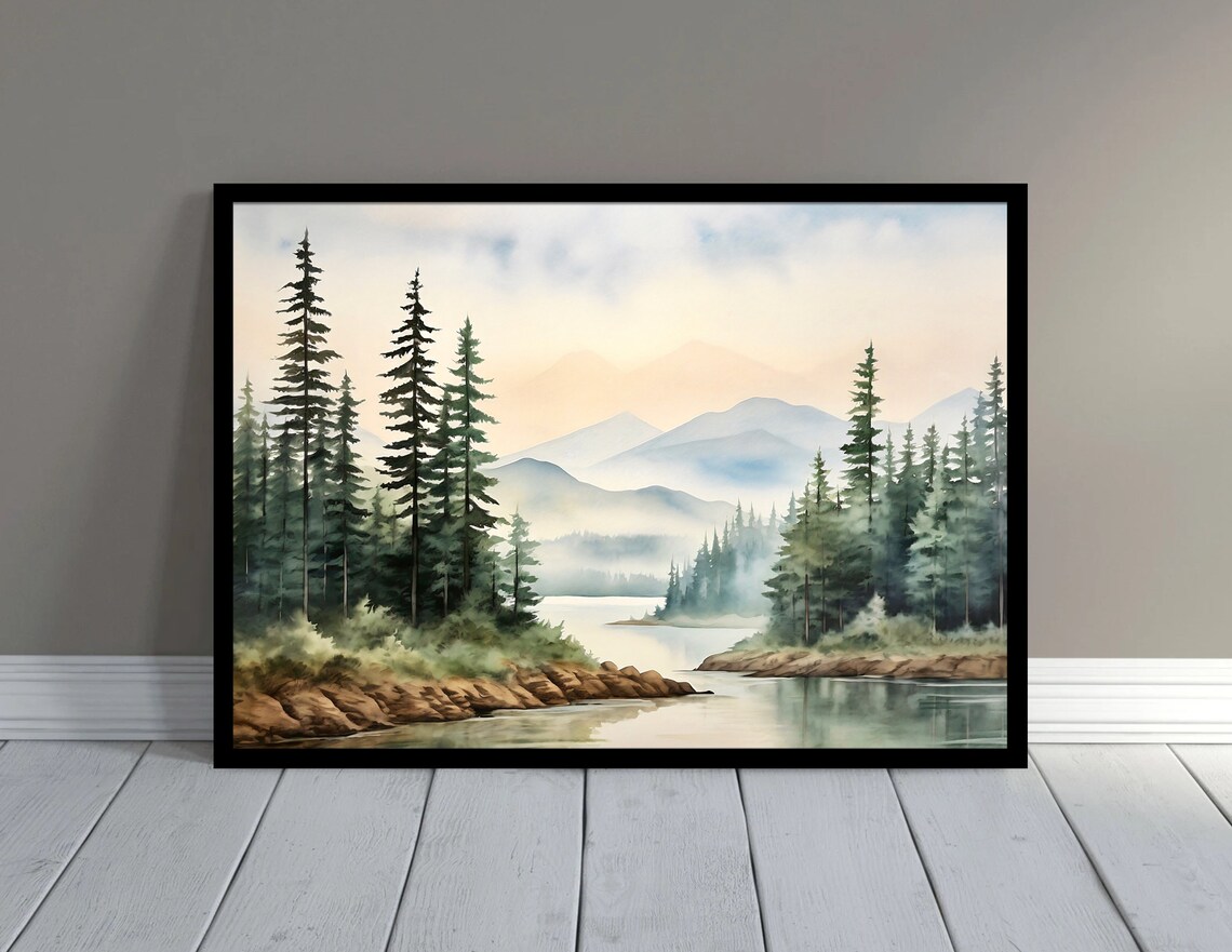 Misty Mountain Watercolor Art Print, Panoramic Landscape - Image 2