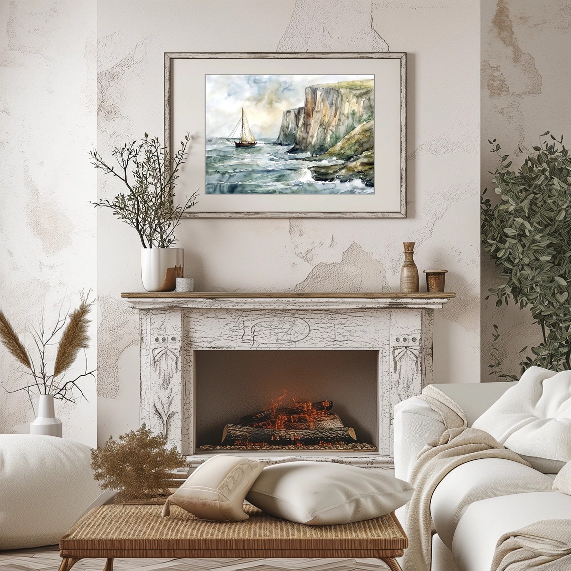 Sailboat By Tall Sea Cliffs Gray Waves Watercolor Nautical Poster - Image 2