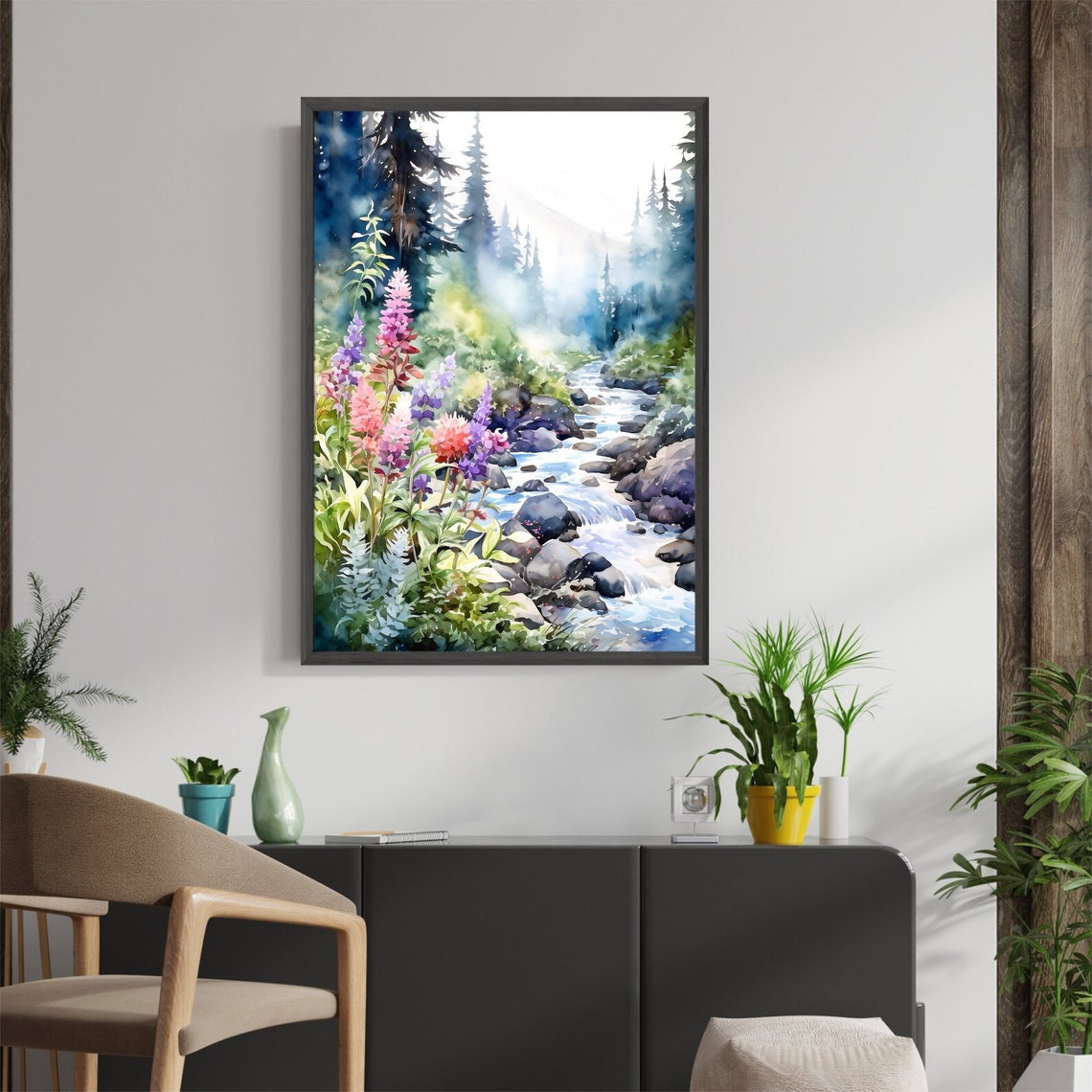 Mountain Stream Wildflowers Pine Forest Watercolor Nature Art Print - Image 2